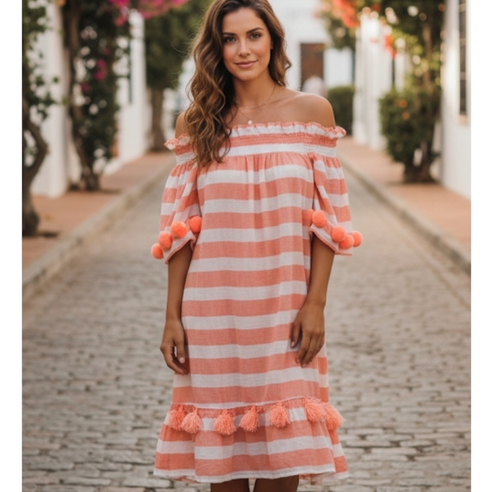 Sundress x Revolve Women's Coral Striped Off-Shoulder Pom Poms Dress Size M/L